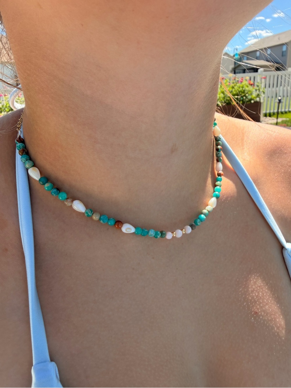 Elegant Turquoise and Shell Beaded Necklace